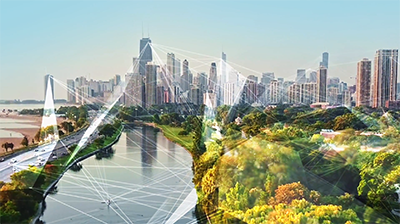 Digital Era of Insurance City Skyline with a digital web connecting places all over the city